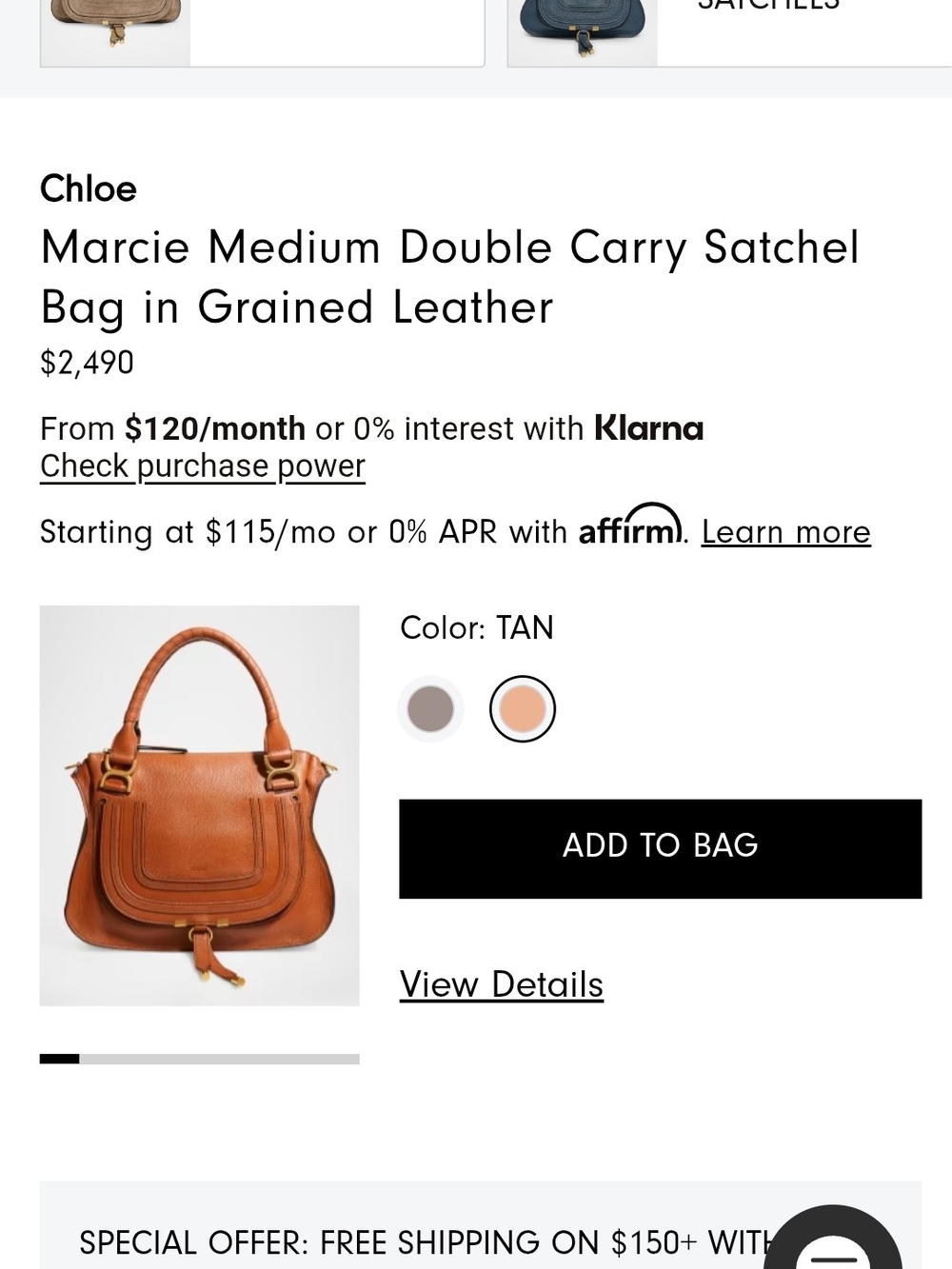 Chloe Marcie Medium Double Carry Satchel in Tan Leather/2490.00 RETAIL